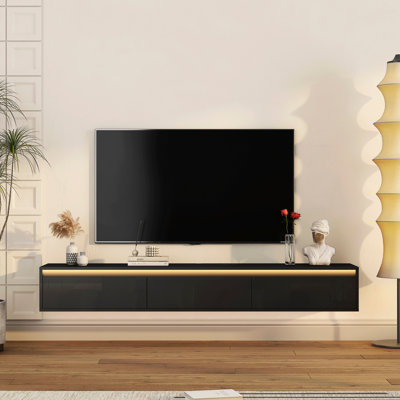 Meuble télé flottant, meuble télé mural avec lumières DEL et prise de courant, meuble télé ultrabrillant pour meuble télé en bois pour le salon