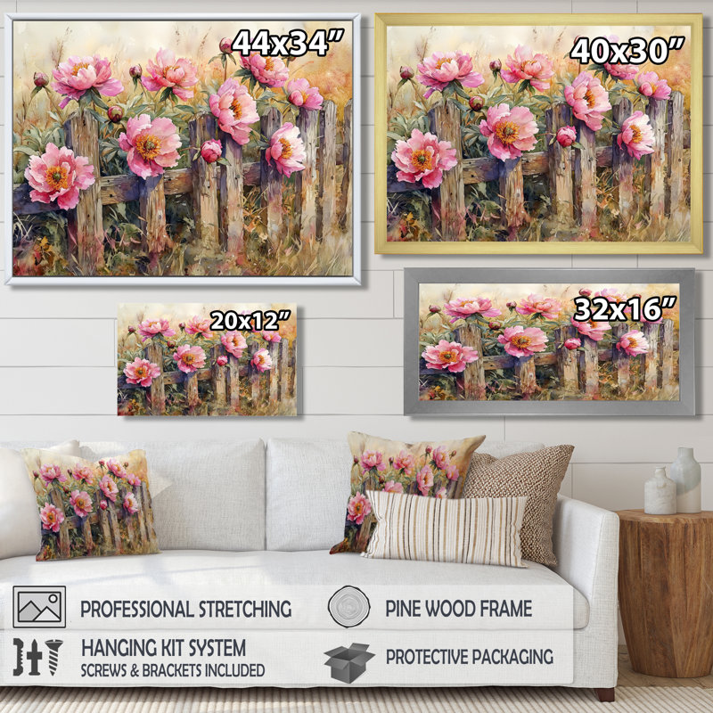 Ferme pivoines par la clôture rustique I - pivoines, art mural, Reproduction encadrée d'une seule photo, H 30 po x l 40 po
