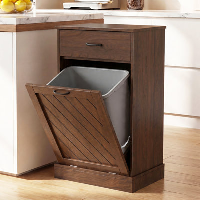 Armoire à ordures inclinable 15 gallons avec tiroir de rangement, armoire à poubelle cachée pour cuisine, salle de lavage et salon, noyer