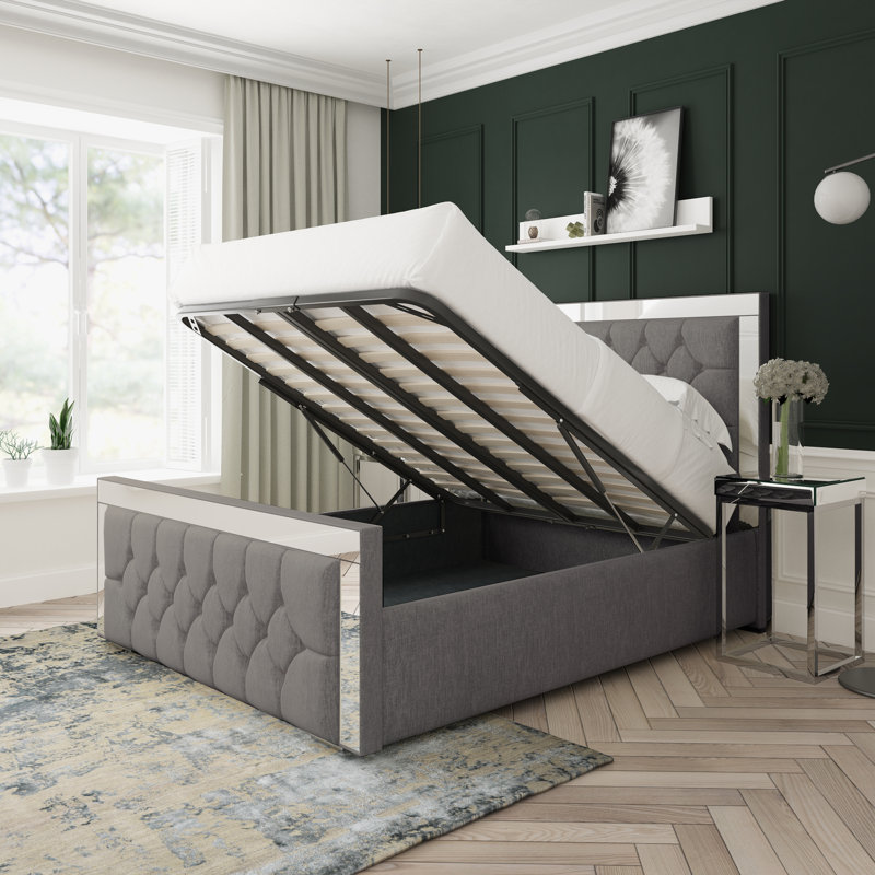 Sage Chenille Upholstered Ottoman Bed Frame, Kingsize (5'), Silver