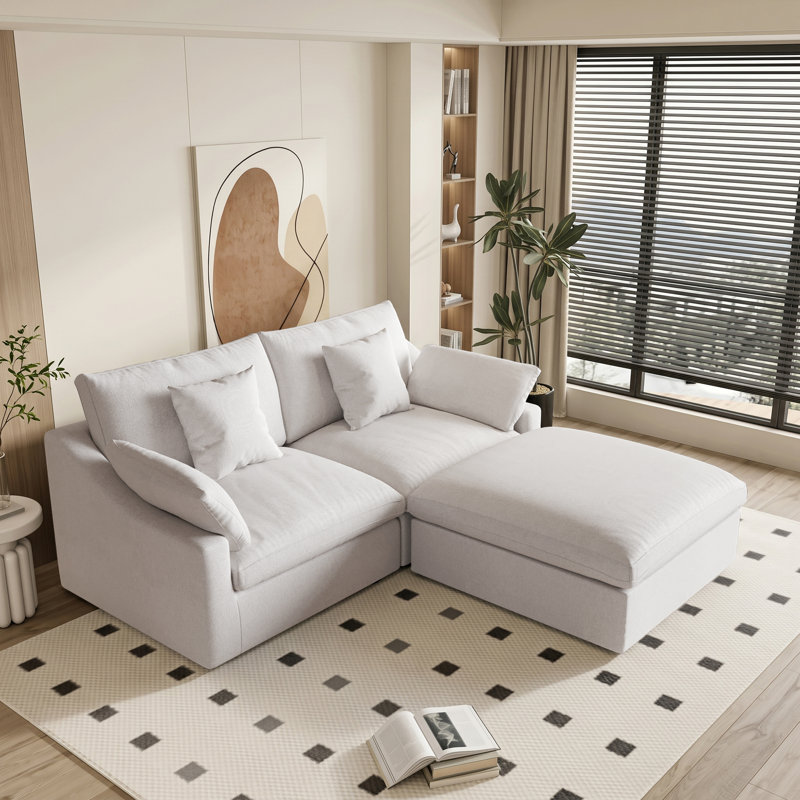 Slipcovered Upholstered Modular Sofa With Ottoman, 29.53" H x 82.68" W x 77.95" D, Beige