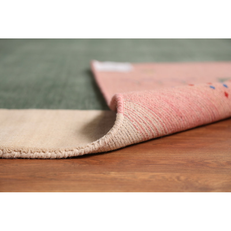 Tapis vert en laine à bordure Gabbeh 8 x 11