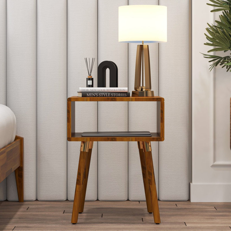 Finney Solid Acacia Wood Nightstand, Mid Century Modern Side Table Bedroom with Storage, Caramel