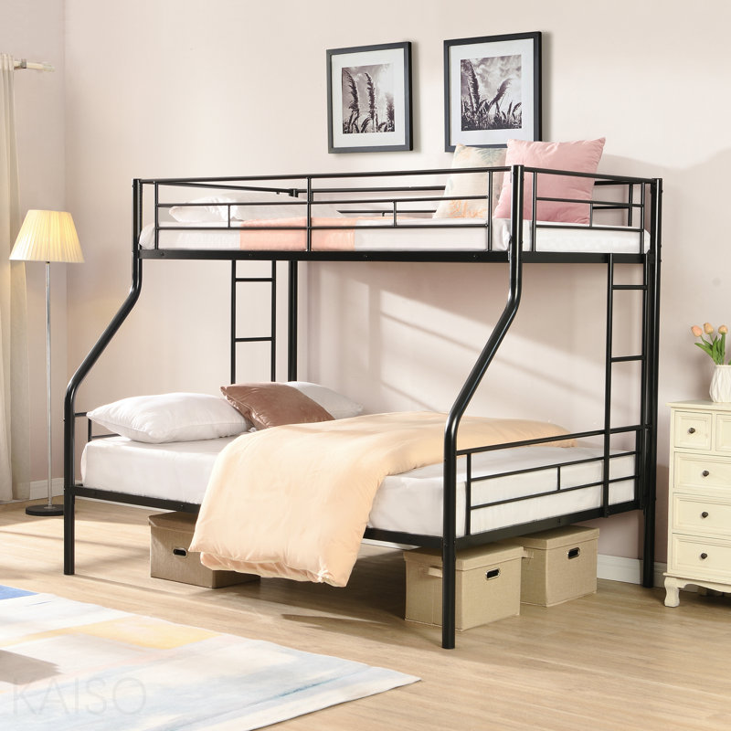 Lit superposé simple au dessus d'un lit double en métal, aucun sommier nécessaire, grand rangement sous le lit, assemblage facile