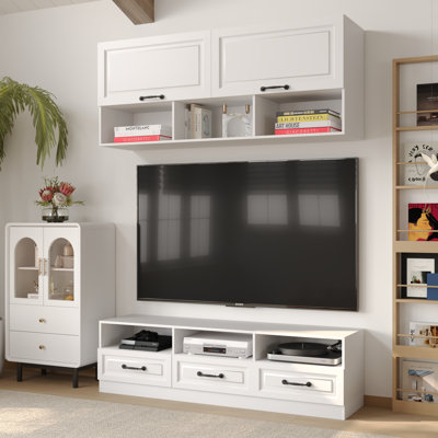 Meuble audio-vidéo 2 pièces avec rangement, meuble télé 70 po avec tablettes et tiroirs, présentoir mural