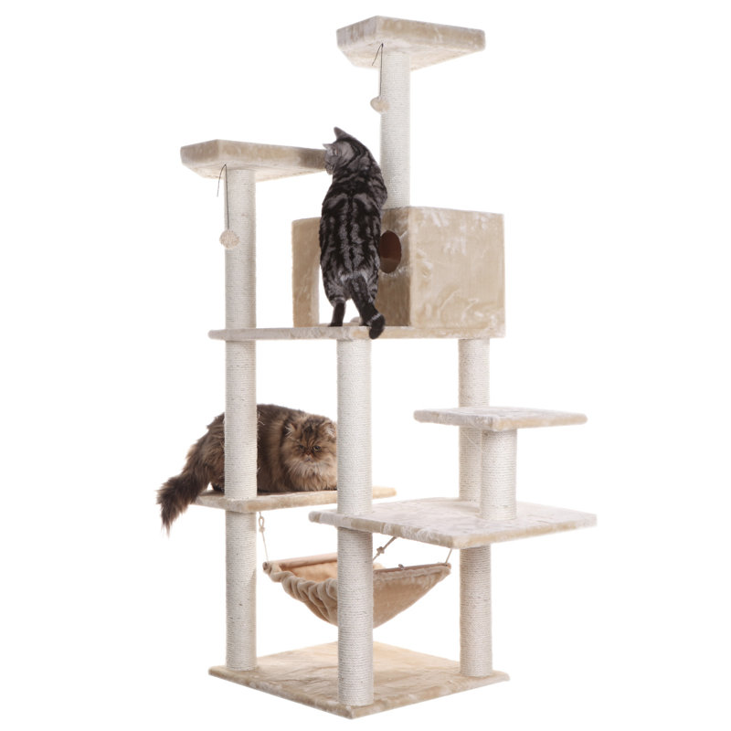 Beige Faux Fur Multi-Level Cat Tree with Sisal Posts