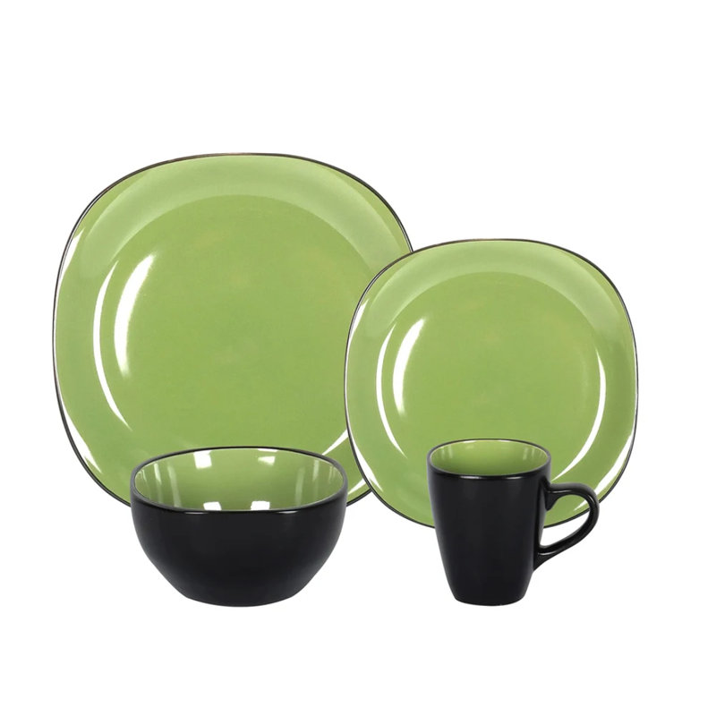 HomeVSS Stoneware 16-Piece Square Dinnerware Set，Service for 4, Green
