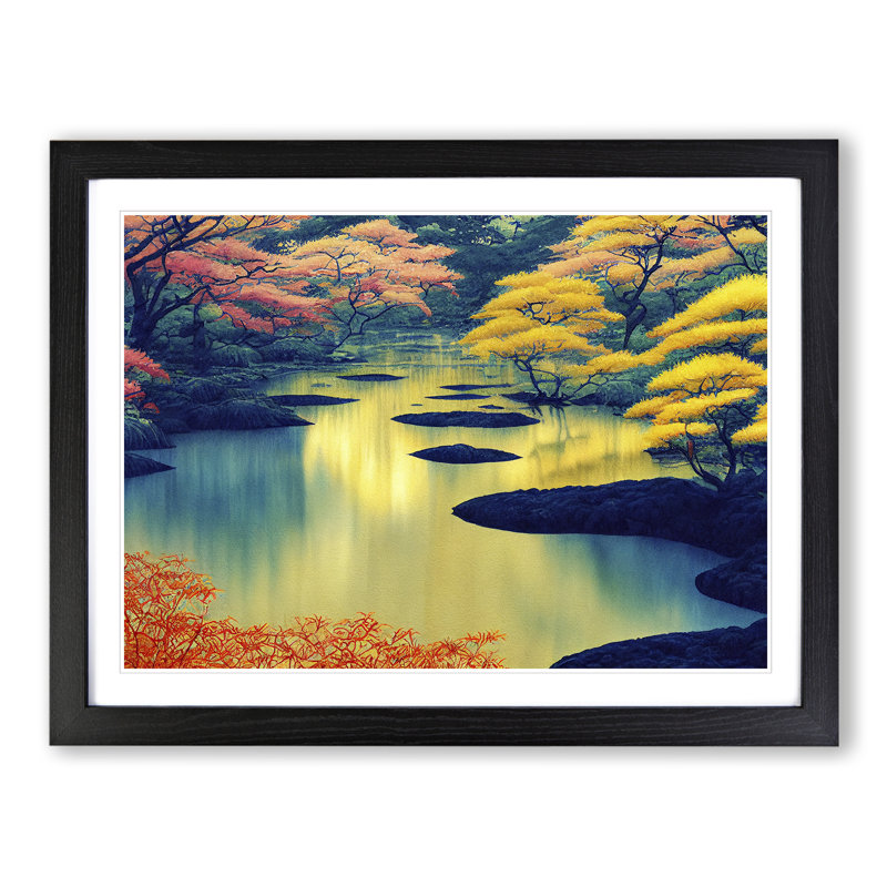 Colourful Japanese Forest - Painting, Black Framed, 46cm H x 64cm W x 2cm D