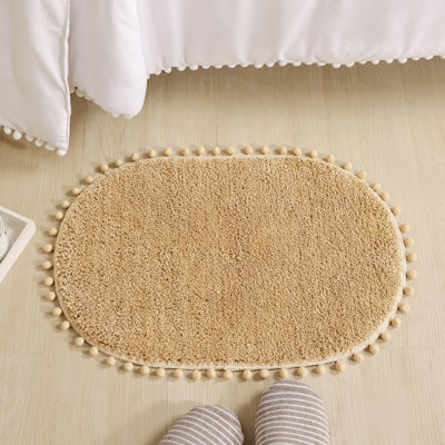Yirddeo Bath Mat Oval Rug With Pom, Boho Rugs For Bedroom And Bathroom With Non Slip