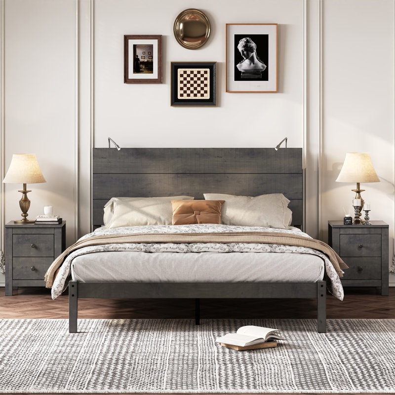Ensemble de chambre à coucher 3 pièces, Grand lit, Gris antique