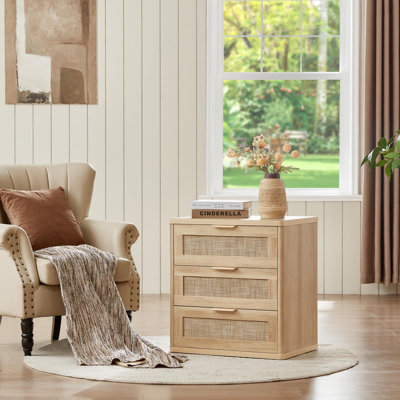 Table de chevet en rotin avec tiroirs, grande table de chevet Boho à 3 tiroirs de 23 po, armoire de rangement pour table de chevet, commode pour tables de bout de lit, chambre à coucher, salon, couloir, garde-robe