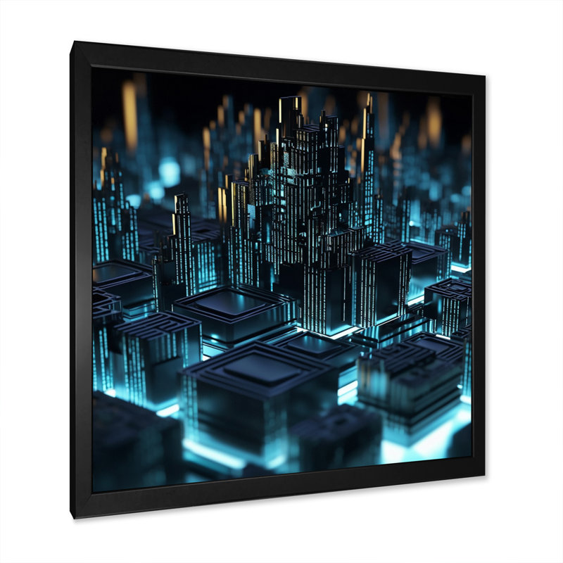 «3D Cityscape Futur Architecture Turquoise I» sur toile, Cadre simple noir, H 24 po x l 24 po x P 1 po
