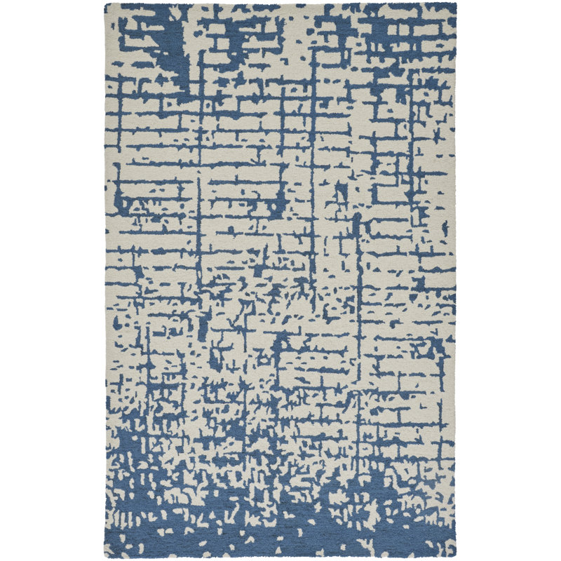 Tapis bleu / ivoire en laine / coton touffeté à la main Emeril, Rectangle 8 pi x 10 pi