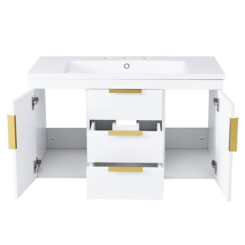 Meuble-lavabo 36 po, rangement mural flottant avec lavabo en résine, 2 tiroirs + 2 armoires, 2 planches, Blanc