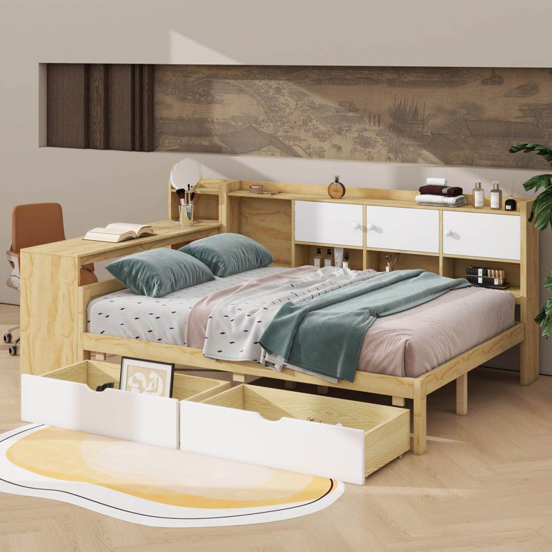 Lit de jour en L en bois avec sept armoires de rangement et deux tiroirs de rangement, lit multifonctionnel avec bureau d'étude