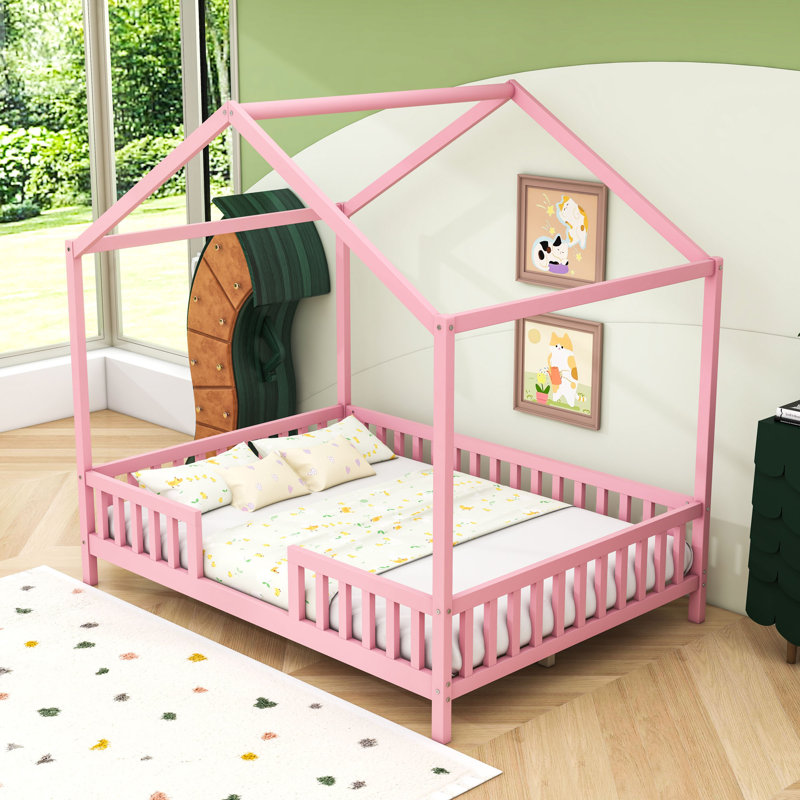 House Shape Floor Bed With Slats, Full, Pink