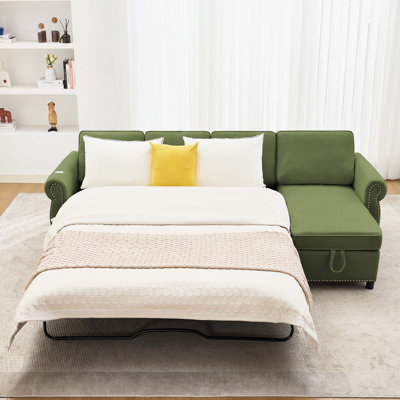 Canapé-lit en forme de L en flanelle verte, canapé modulaire à 4 places avec lit escamotable