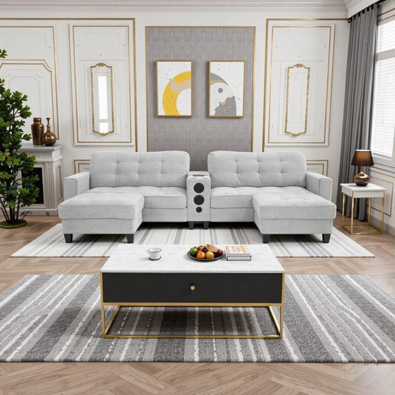 Canapé modulaire en forme de U de 126 po avec repose-pieds, console et caractéristiques techniques, tissu chenille
