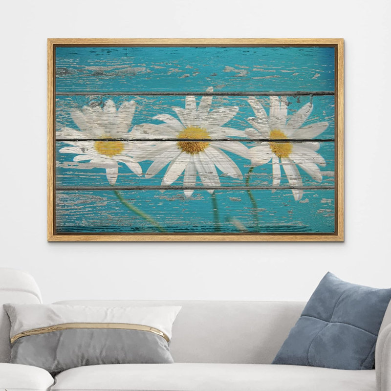 Art rétro sur toile effet fleurs de marguerite rétro sur fond en bois, Cadre naturel flottant, H 16 po x l 24 po x 1,5 po