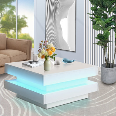 360Â° Rotating Square Coffee Table With 16-color Led Lights â€“ High Gloss Finish, Modern Tea Table