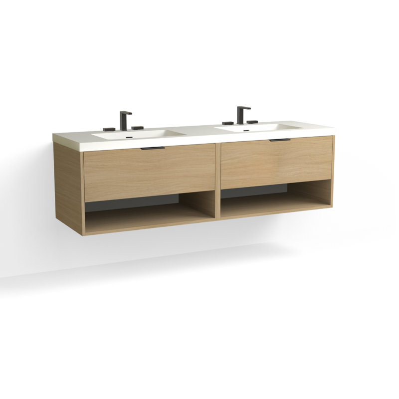 Modo 72" W Wall Mounted Double Bathroom Vanity, White Acrylic, Matte White/8" Widespread, Satin Nickel