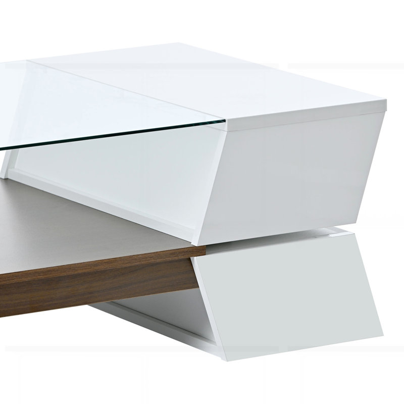Table basse à plateau en verre avec tablettes ouvertes et armoires, Blanc