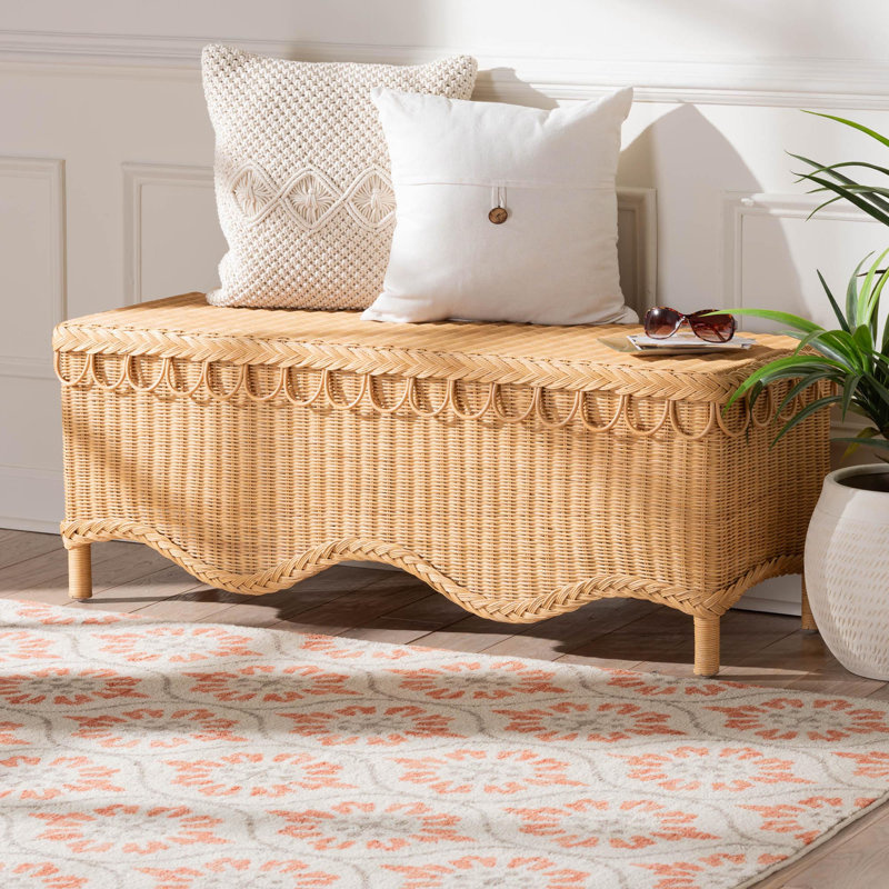 Bali & Pari Blacine Bohemian Rattan Accent Bench With Scallop Border