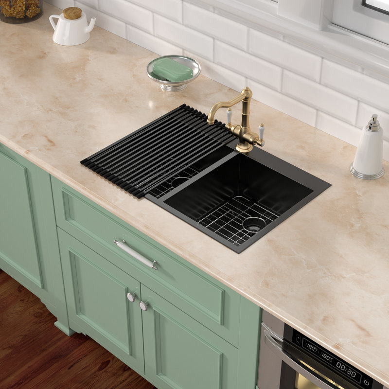 33" L x 22" W Drop-In Double Bowl Stainless Steel Kitchen Sink with One Faucet Hole, Black