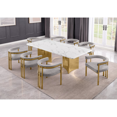 Ensemble de salle à manger en marbre blanc Grand avec chaises d'appoint en tissu Boucle