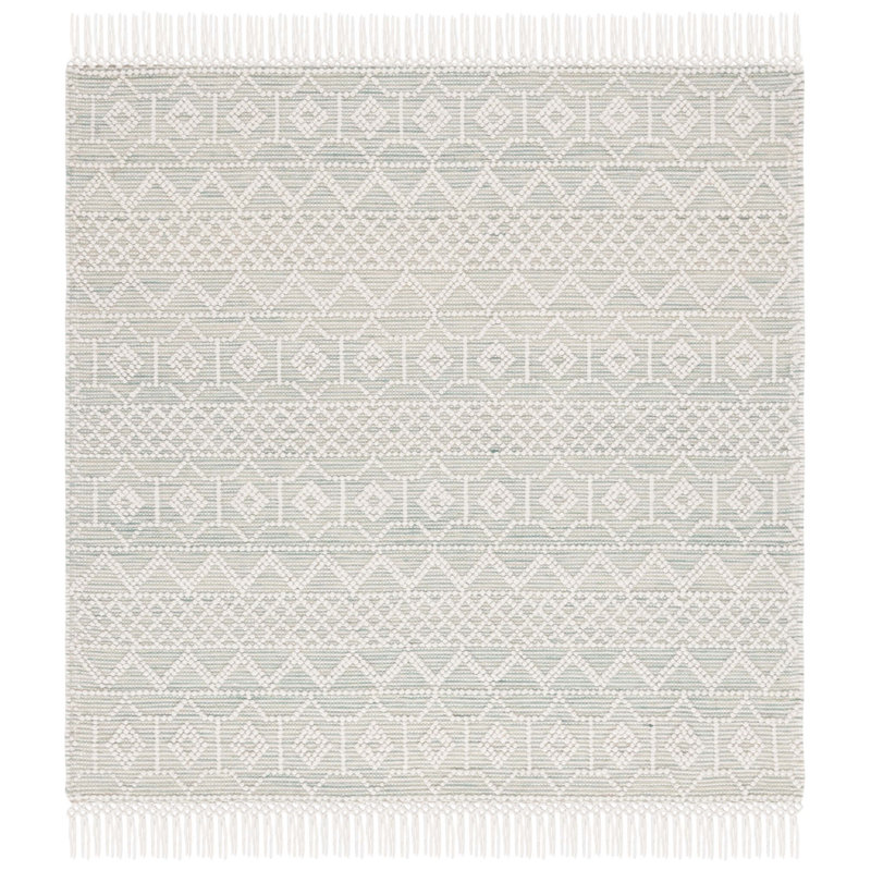 Tapis géométrique fait à la main de couleur ivoire / vert clair Aldeline, Carré 6 pi