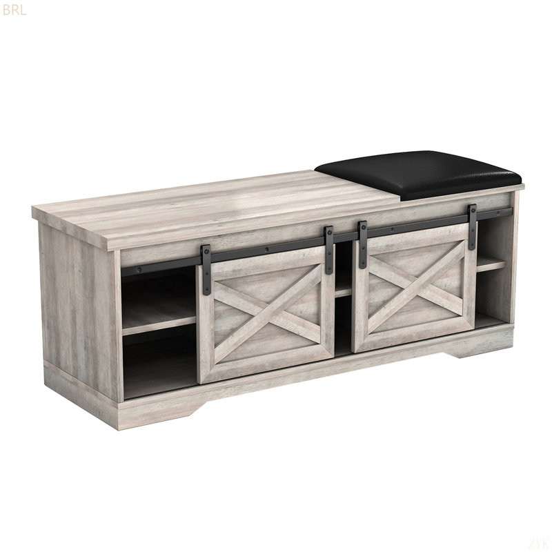 47 Inch Modern Farmhouse Sliding X Barn Door Litterbox Bench With Entry Cutout, Shoe Bench,  Walnut, Gray