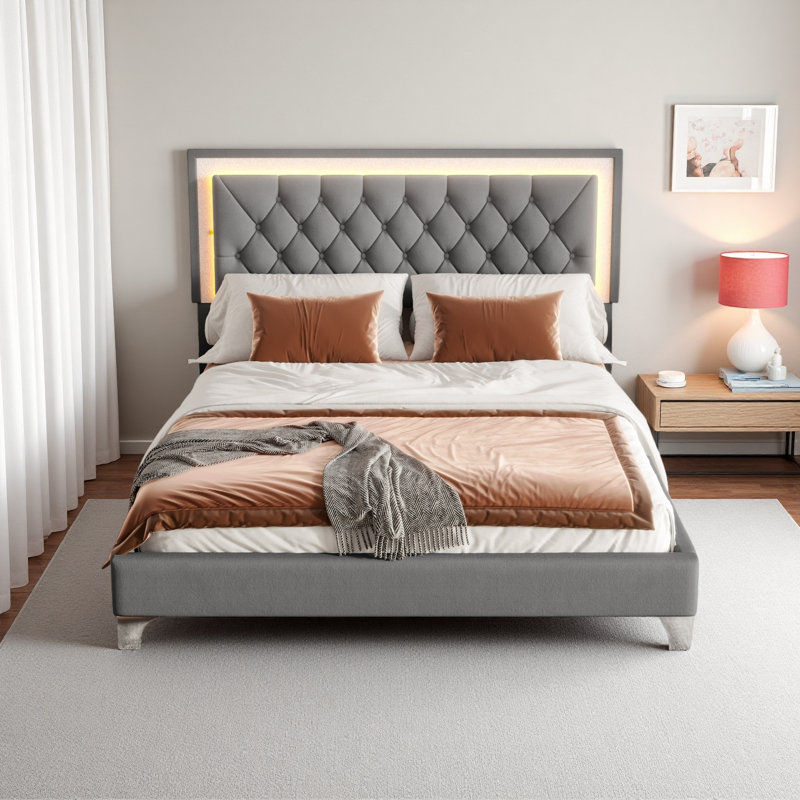 Grand cadre de lit tapissier grand avec lumières DEL, lit plateforme moderne en velours avec tête de lit capitonnée, Gris