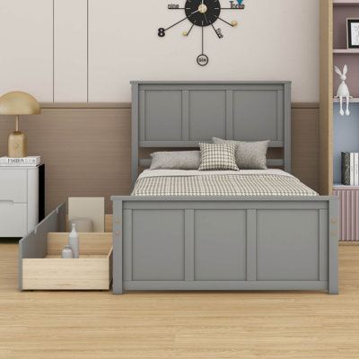 Lit plateforme simple avec 2 tiroirs, lit plateforme en bois avec roues et support à lattes