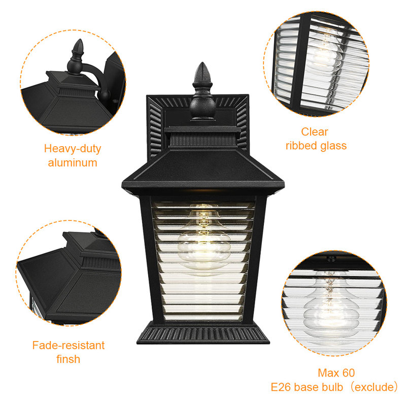 Lanterne murale d'extérieur imperméable avec verre côtelé noir mat Cormak
