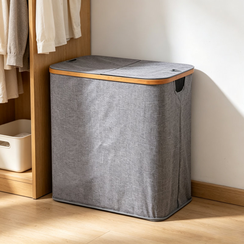 Double panier à linge avec couvercle, corbeille à linge en tissu à 2 compartiments avec structure en bambou, grand rangement pliant pour la salle de bain