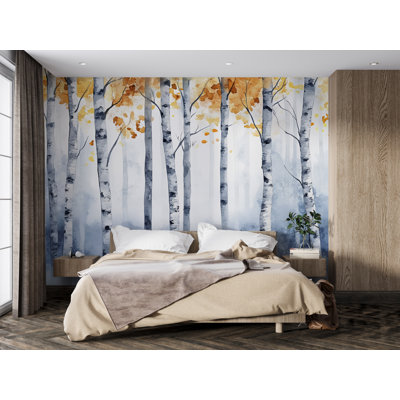Watercolor Autumn Forest Wallpaper With Birch Trees And Leaves – Tranquil Nature Wall Mural For Living Room, Bedroom, Or Spa Interior