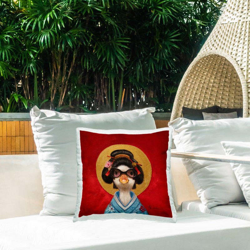 Coussin d'extérieur imprimé lapin dans un bain à bulles relaxant, design par Lucia Heffernan