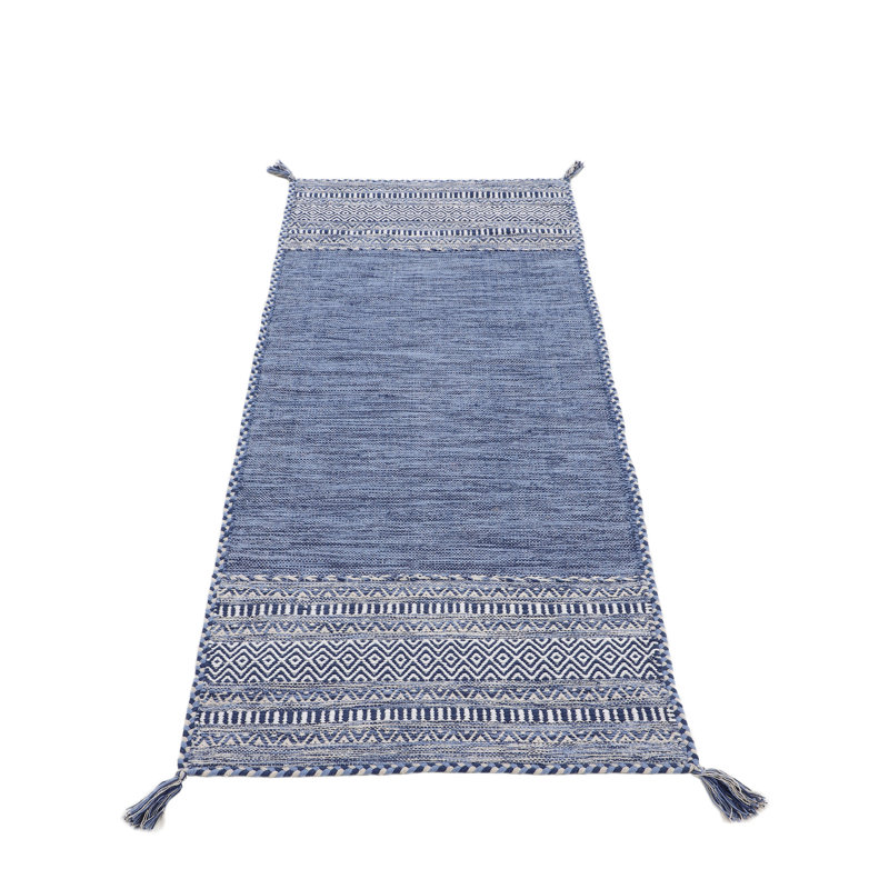 Azizi Striped Hand Woven Cotton Blue Rug, Runner 80 x 300cm