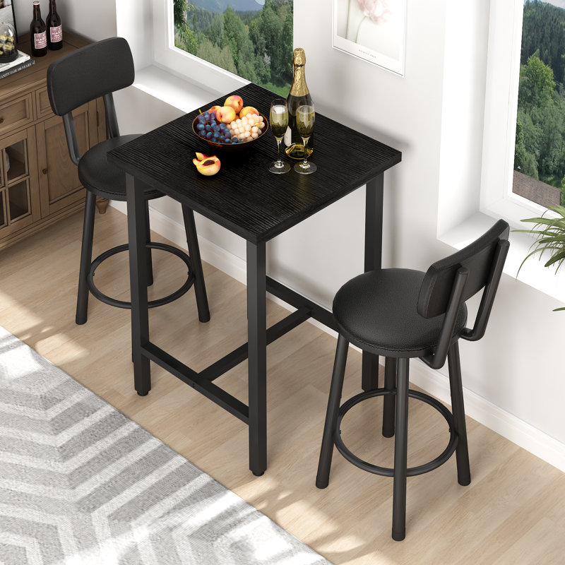 Ensemble de table de bar 3 pièces, table haute carrée avec 2 tabourets de bar avec dossier, ensemble de repas bistro rustique pour cuisine, appartement, bar à domicile