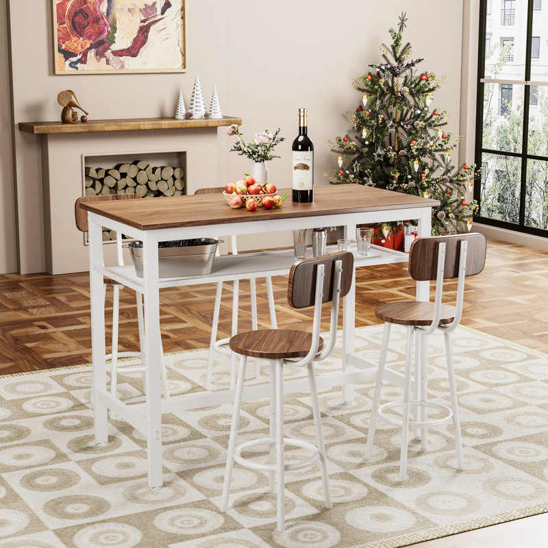 Ensemble 5 pièces de table de bar et chaises pour 4, avec filet de rangement, brun rustique, Brun