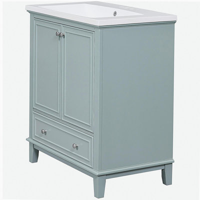 Ensemble de lavabo pour salle de bain de 30 pouces, armoire de bain multifonctionnelle avec porte et tiroir, structure en bois massif et panneau de fibres à densité moyenne