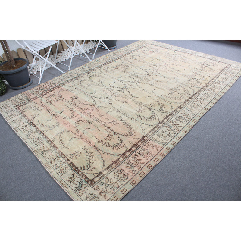 Tapis turc rétro Oushak rétro de style Anatolian beige pour une utilisation en salon - grande pièce de décoration orientale