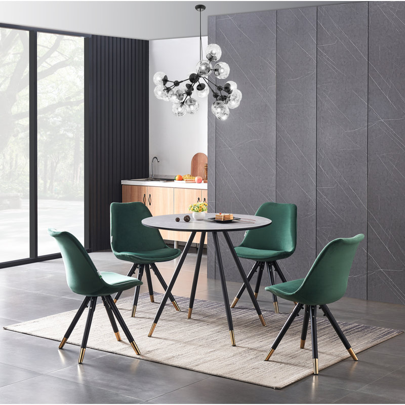 Pala 4 Person Dining set - a Round Wooden Dining Table with Metal Legs and a Set of 4 Quilted Velvet Dining Chairs for Dining Room - Modern Dining Table Set