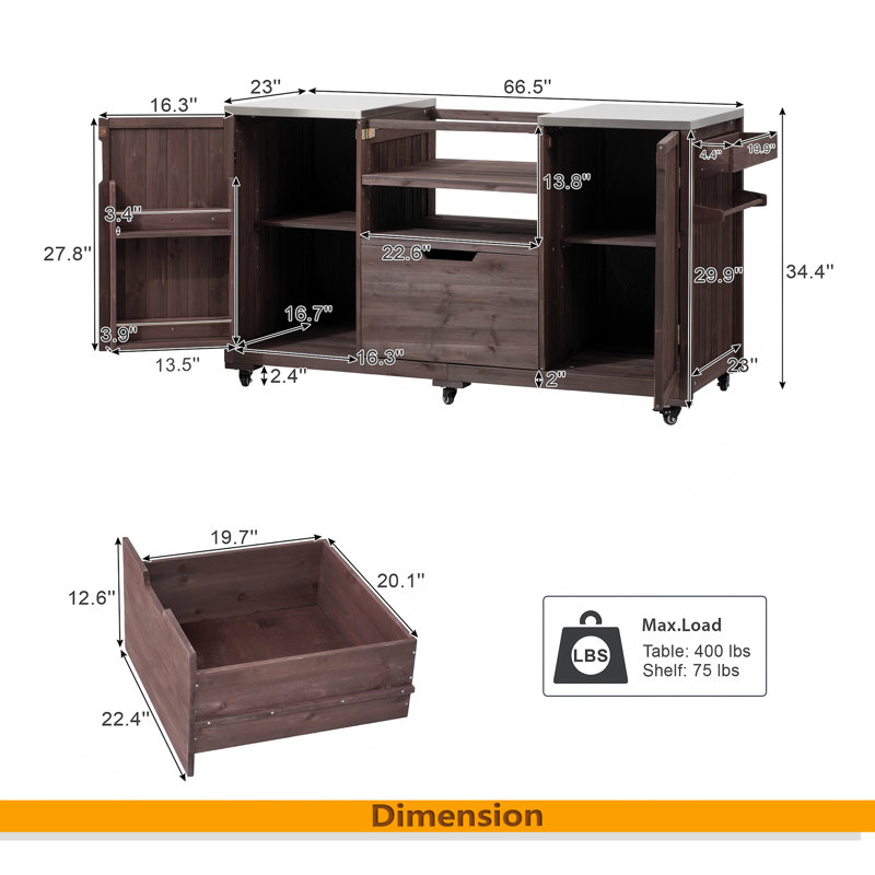 66.5" Outdoor Kitchen Island For Big Green Egg Grills, Solid Wood Outdoor Grill Cart For Tabletop Grill With Stainless Steel Top, Drawer, Compatible With Large Big Green Egg