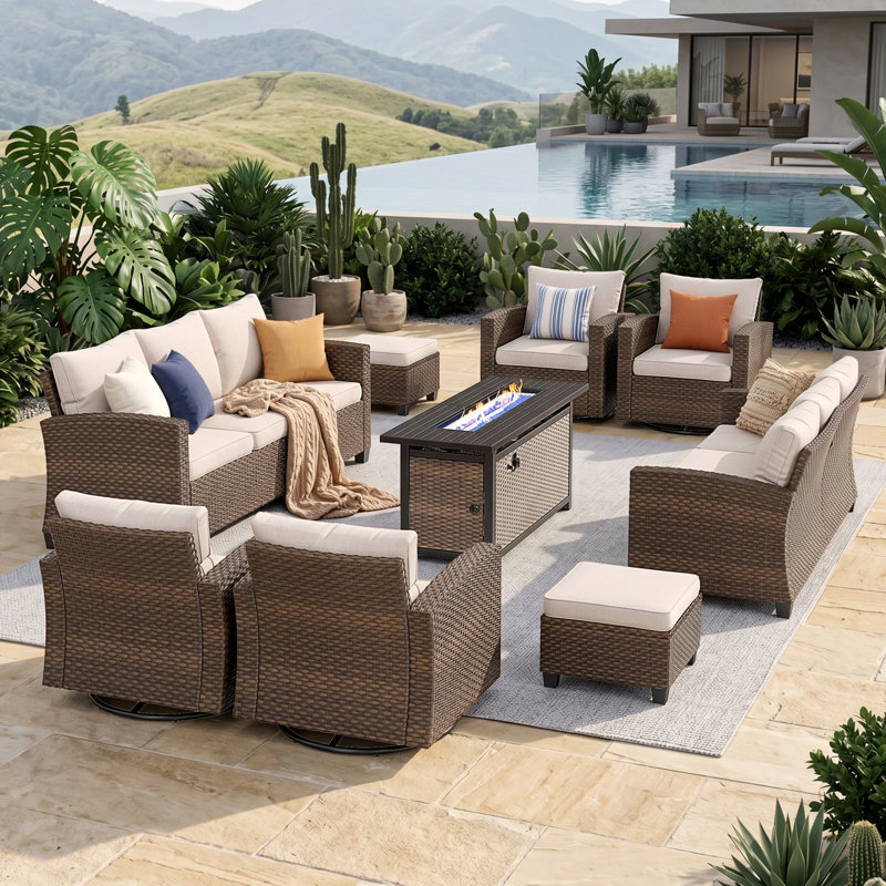 Ensemble de conversation d'extérieur en osier pour 10 personnes avec chaises pivotantes et foyer, Beige, Oui