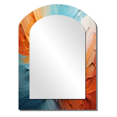 Teal Orange Bold Abstract Flow Collage I - Dams Asymmetrical Decorative Wall Mirror, Teal Arch Large Mirror, Printed Metal Art