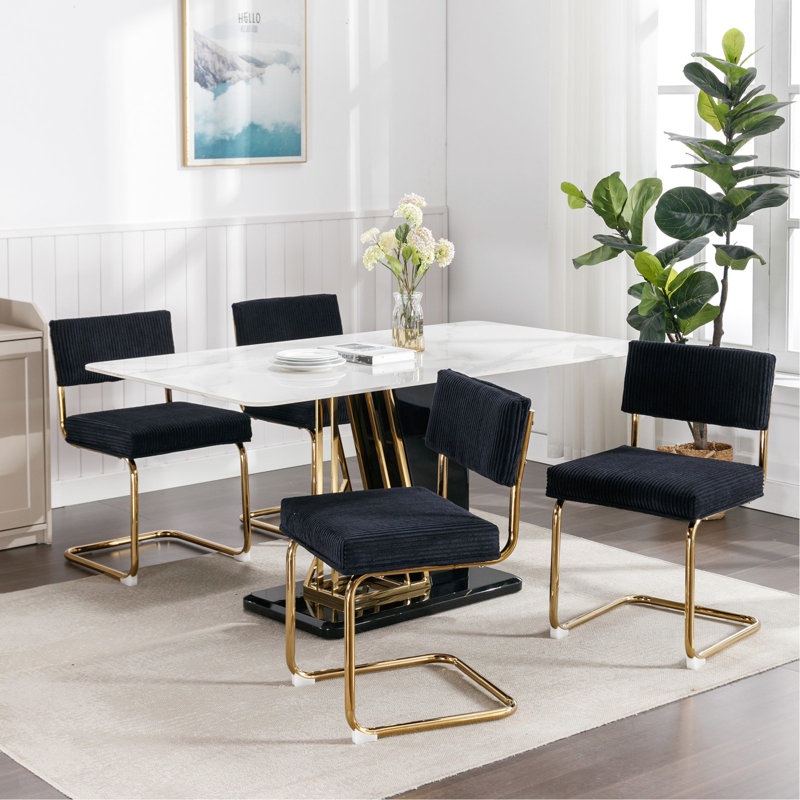 Chaises de salle à manger modernes, 2 pièces en velours côtelé noir avec base en métal doré et capitonnage de 2 chaises d'appoint, scintillantes et charmantes