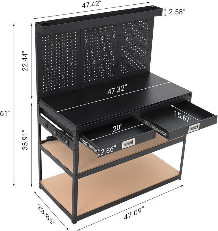 3-Tier Workbench with 2 Drawers & Pegboard, Work Table with Power Outlets