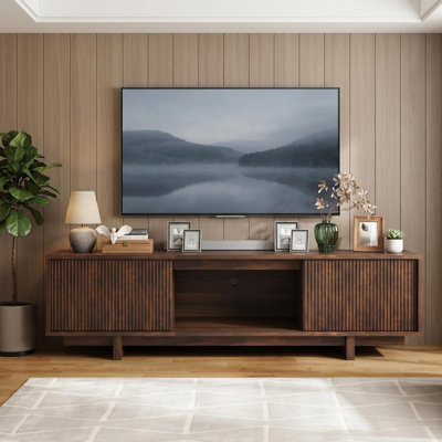 Fluted Design TV Stand for 65" TVs, Mid-Century 55''L Entertainment Center with Sliding Door Storage Cabinet, Media Console Table for Living Room, Bedroom, Apartment, Small Space, Walnut