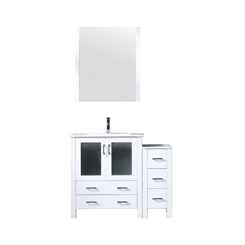 42 po Meuble-lavabo blanc avec armoire latérale, comptoir en céramique, robinet, 28 miroirs - salle de bain blanche et durable